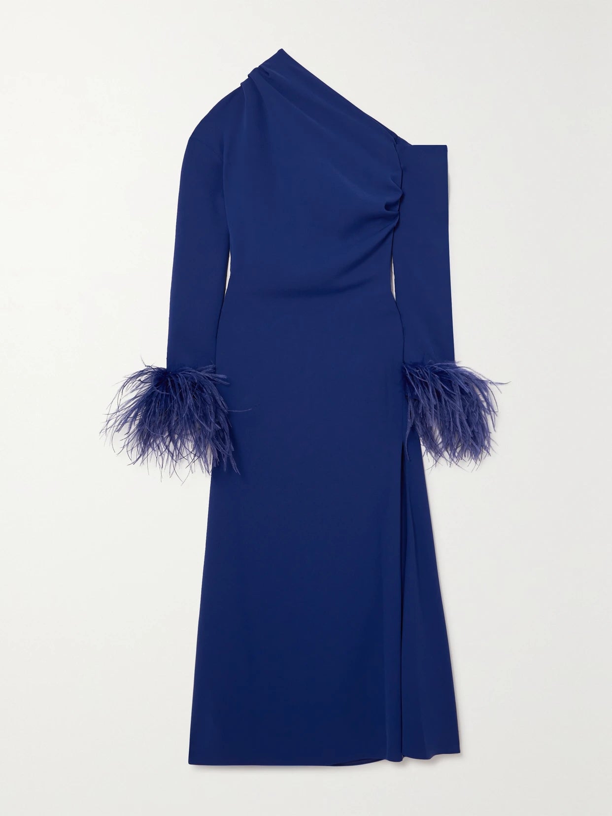 Image of Dresses. Product name - Adelaide One-shoulder Feather-trimmed Crepe Midi Dress in Blue colour by brand - 16ARLINGTON