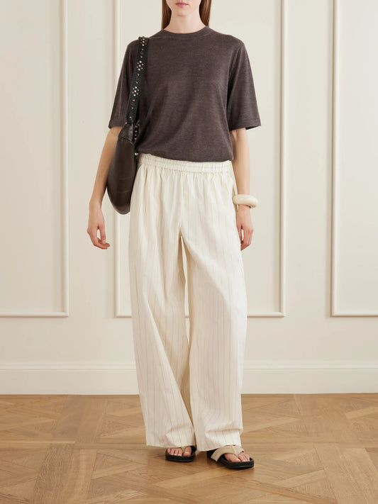 Image of a model wearing Pants. Product name - Everyday Striped Cotton-blend Poplin Wide-leg Pants in Ecru colour by brand - ST. AGNI