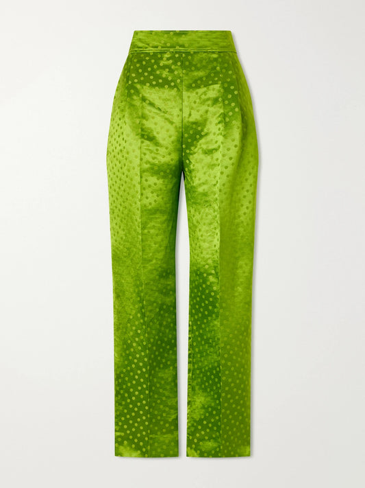Image of a model wearing Pants. Product name - Polka-dot Jacquard Linen And Silk-blend Straight-leg Pants in Bright green colour by brand - Valentino Garavani