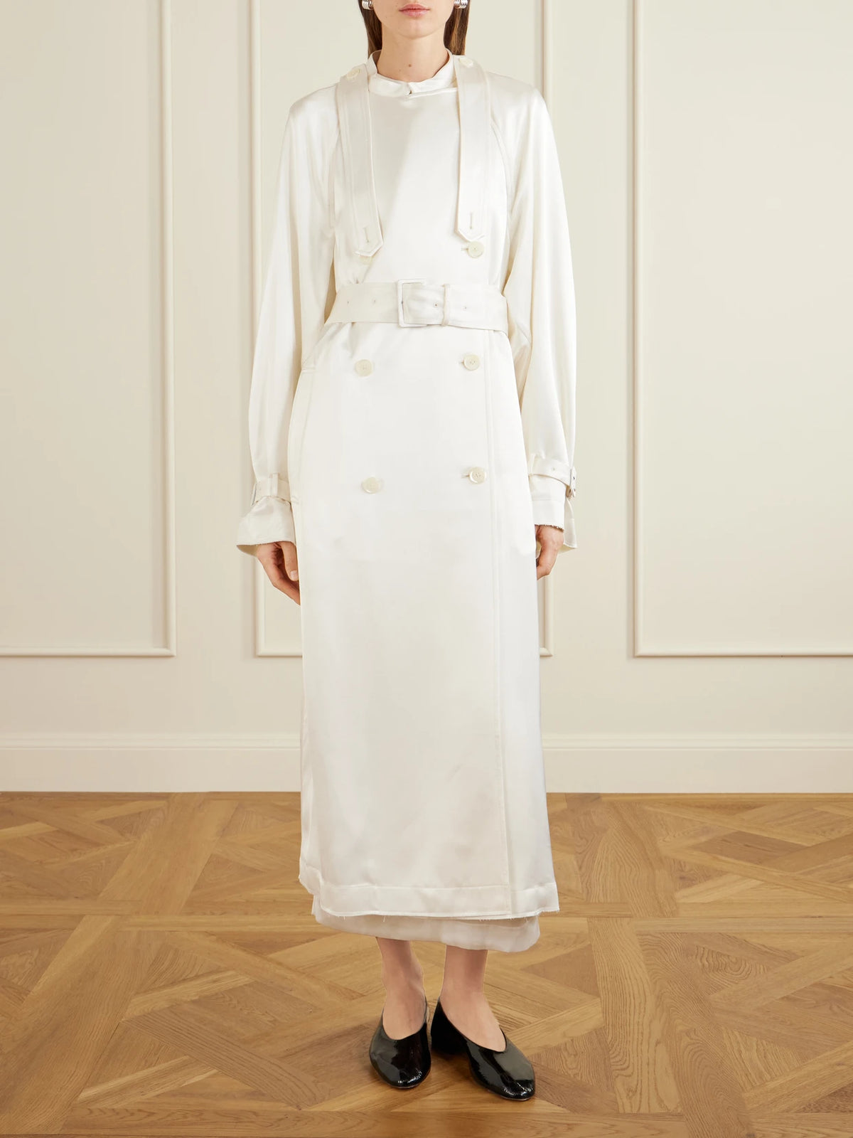Double-breasted Draped Satin Trench Coat
