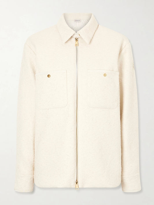 Image of Coats & Jackets. Product name - Appliquéd Quilted Shell And Tweed Down Jacket in Beige colour by brand - Moncler