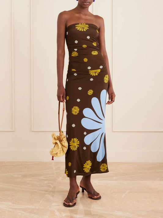 Daphne Ruched Printed Jersey Midi Dress