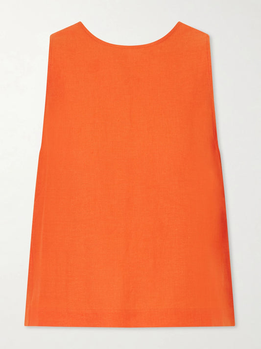 Image of a model wearing Tops. Product name - Ravie Linen Tank in Orange colour by brand - Eres