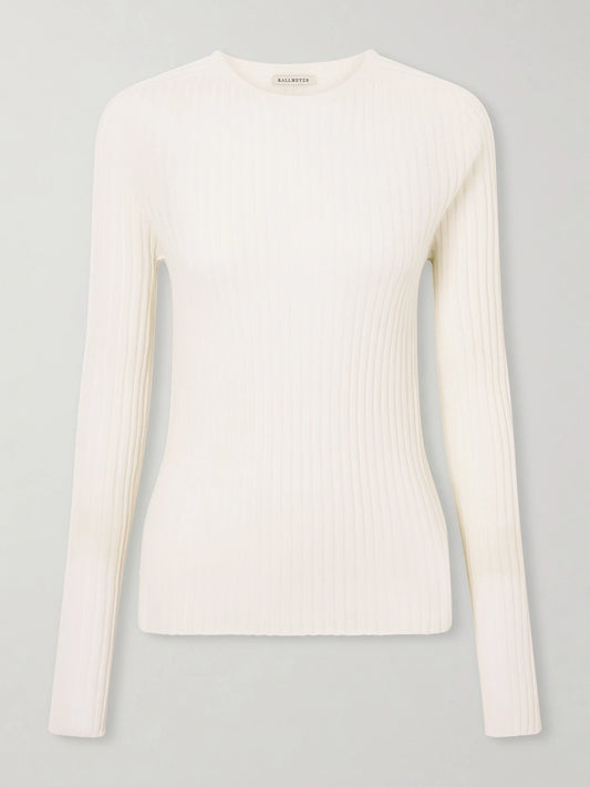 Image of a model wearing Outerwear. Product name - Fabi Ribbed Merino Wool Top in Ivory colour by brand - KALLMEYER