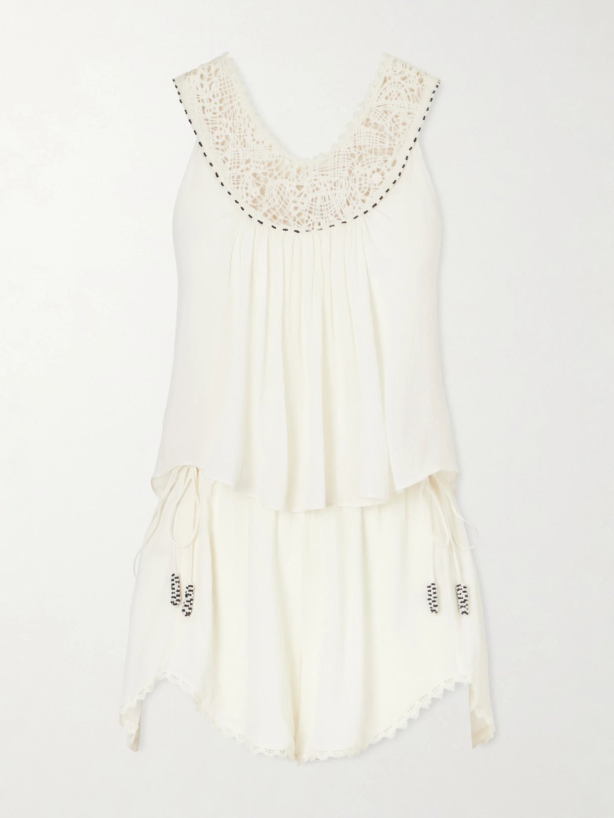 Image of Bodysuits. Product name - Nilany Lace-trimmed Silk-crepe Playsuit in Ecru colour by brand - ISABEL MARANT