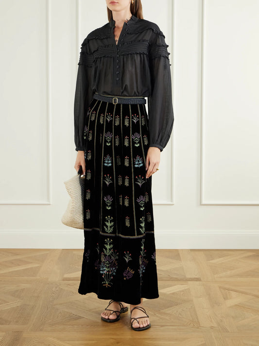 Image of a model wearing Skirts. Product name - Camille Agra Flower-embroidered Velvet Midi Skirt in Black colour by brand - Emporio Sirenuse