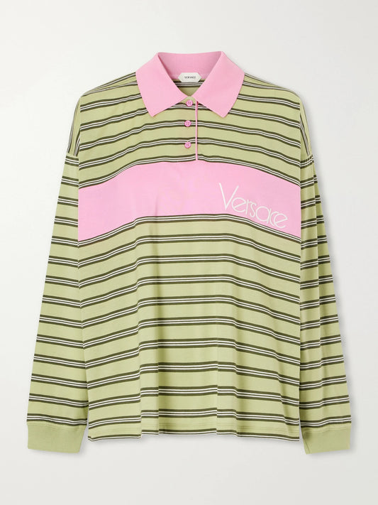 Image of a model wearing Tops. Product name - Logo-embroidered Striped Cotton-jersey Polo Shirt in Brown colour by brand - Versace