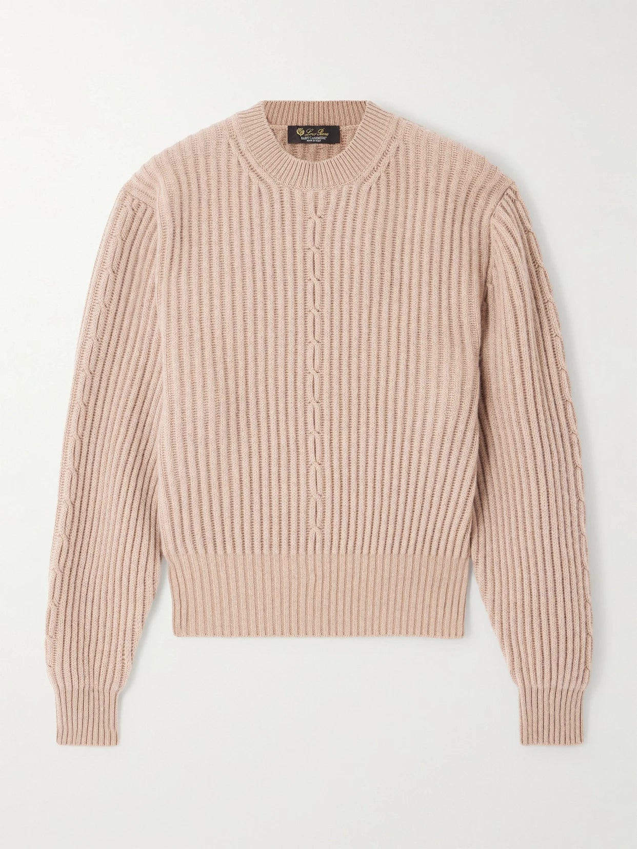 Image of a model wearing Outerwear. Product name - Plane Tree Ribbed Cashmere Sweater in Tan colour by brand - Loro Piana
