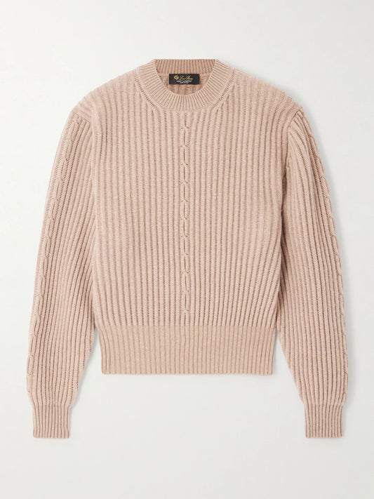 Image of a model wearing Outerwear. Product name - Plane Tree Ribbed Cashmere Sweater in Tan colour by brand - Loro Piana