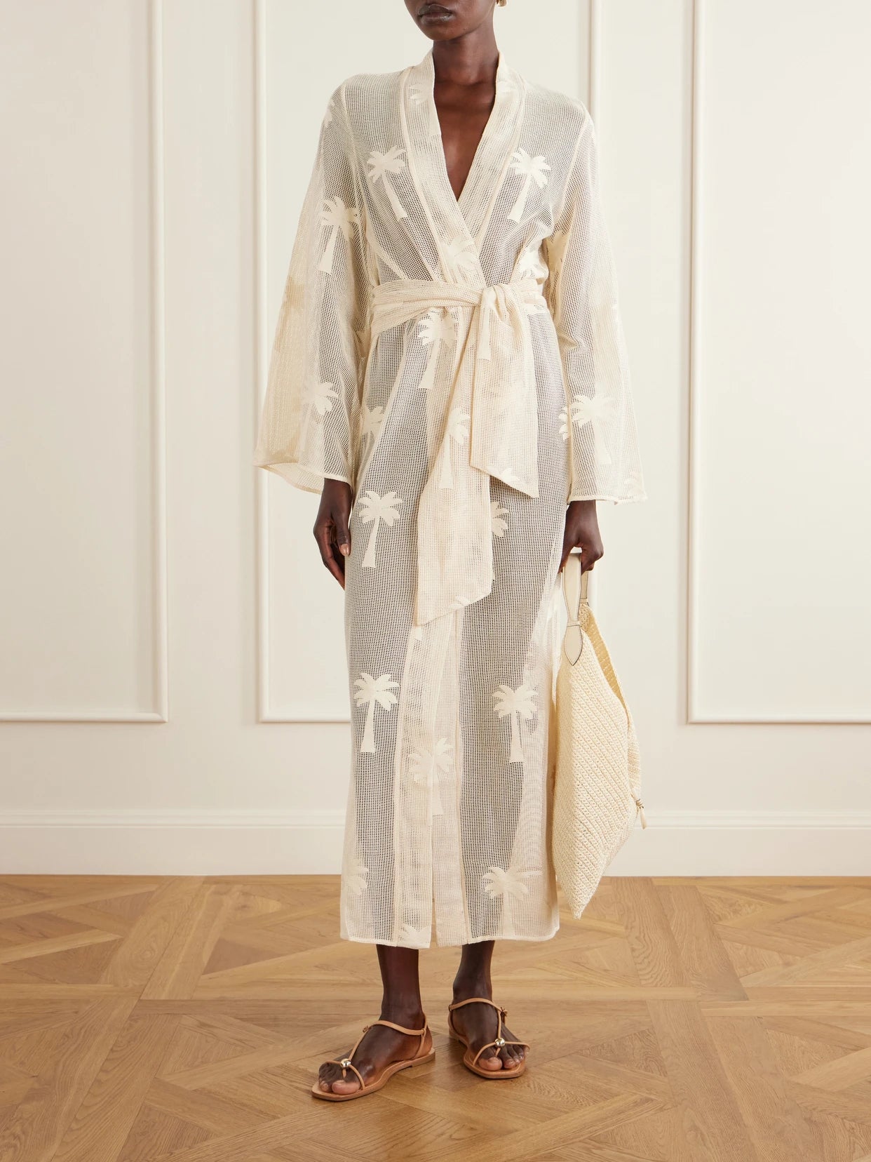 Image of Swimwear. Product name - Palm & Soul Printed Cotton-mesh Coverup in Ecru colour by brand - Johanna Ortiz