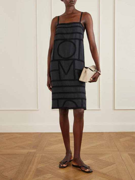 Image of Dresses. Product name - Embroidered Silk Midi Dress in Black colour by brand - TOTEME