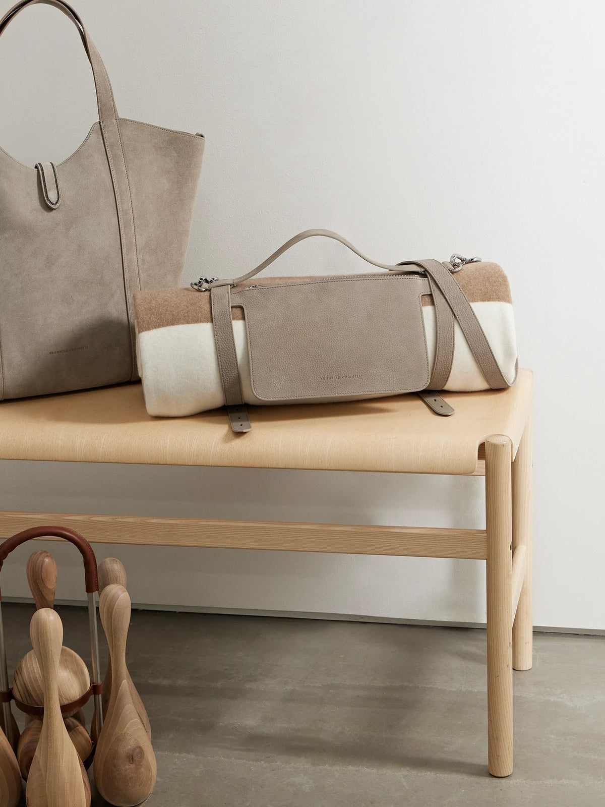 Image of Chair & Sofa Cushions. Product name - Textured-leather Blanket Holder in Beige colour by brand - Brunello Cucinelli