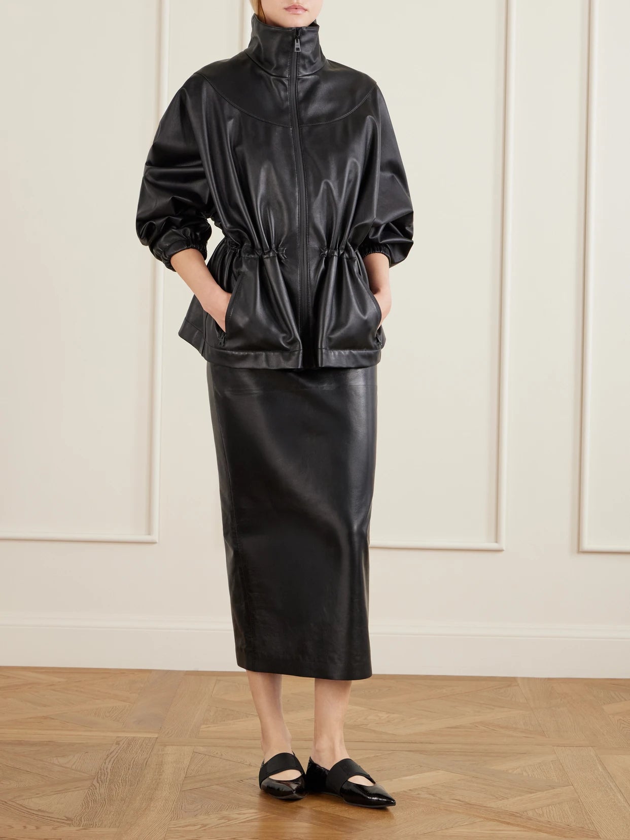 Image of Coats & Jackets. Product name - Gathered Leather Jacket in Black colour by brand - Givenchy