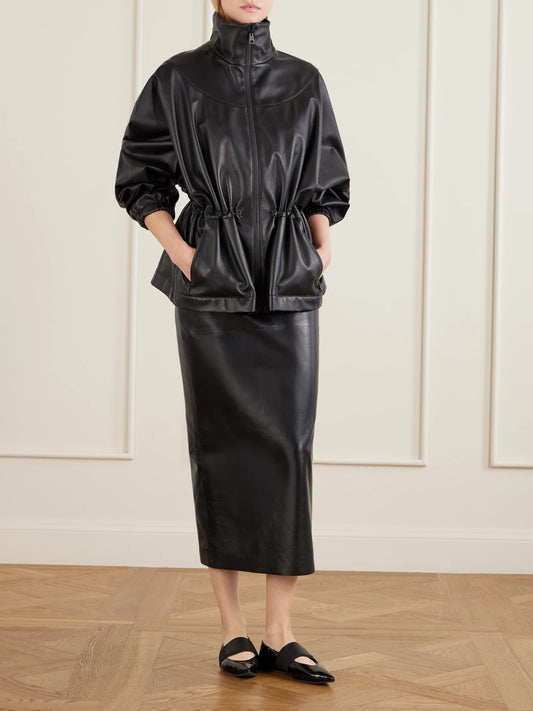 Image of Coats & Jackets. Product name - Gathered Leather Jacket in Black colour by brand - Givenchy