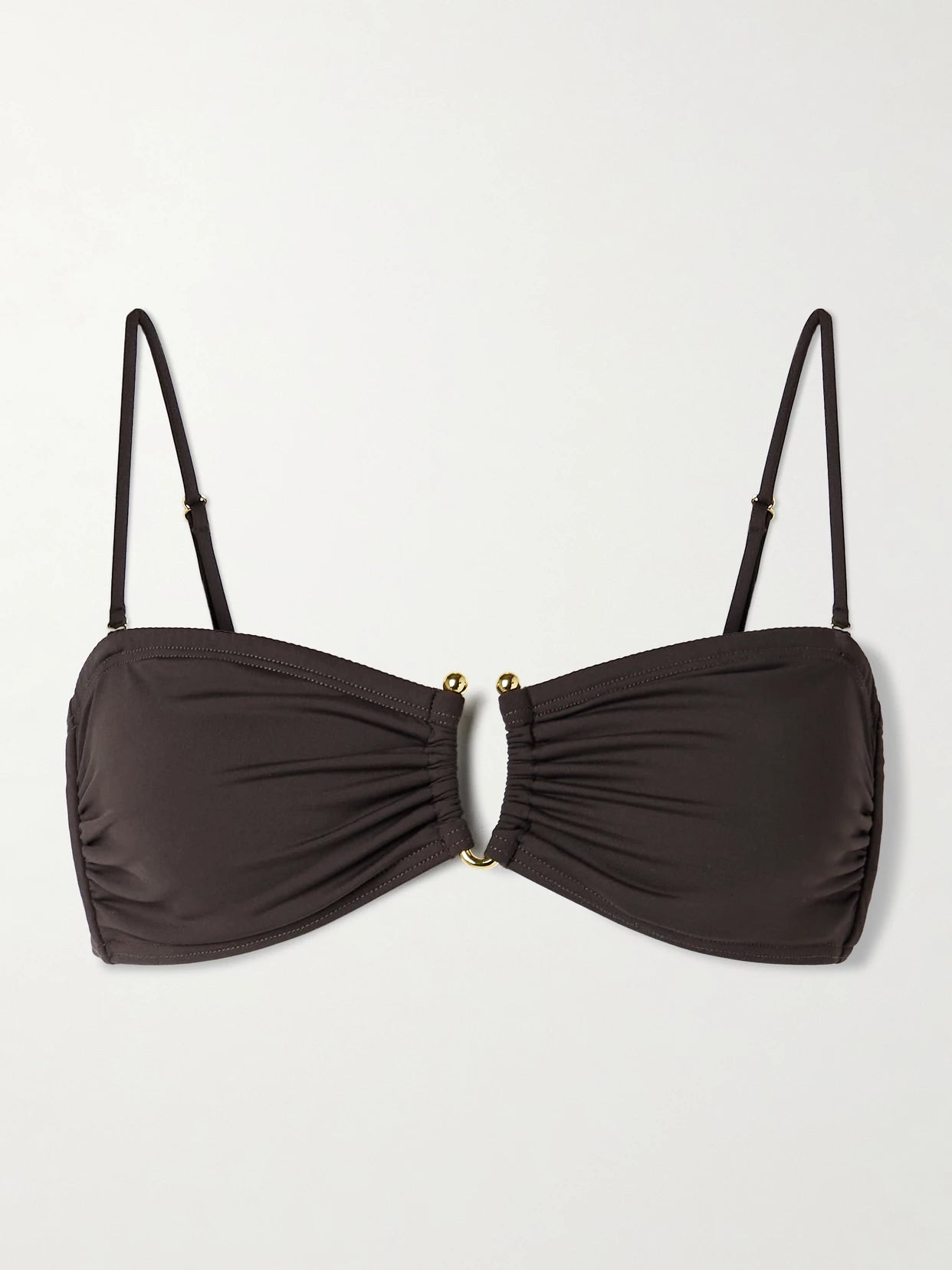 Image of Swimwear. Product name - Embellished Ruched Bikini Top in Brown colour by brand - Nili Lotan