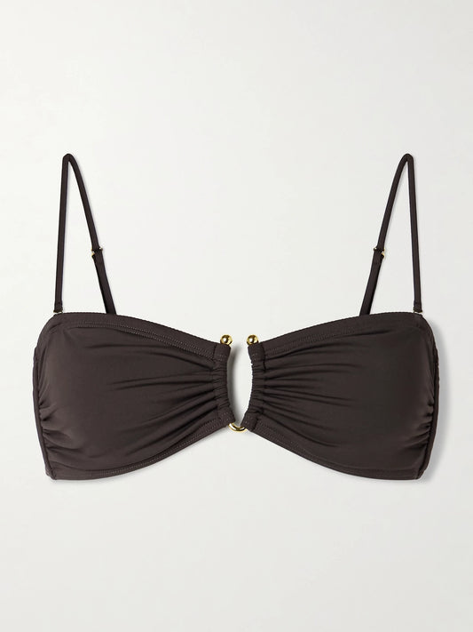 Image of Swimwear. Product name - Embellished Ruched Bikini Top in Brown colour by brand - Nili Lotan