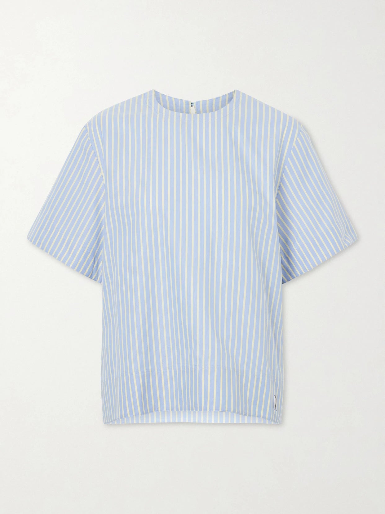 Image of a model wearing Tops. Product name - Striped Cotton-poplin T-shirt in Blue colour by brand - RABANNE