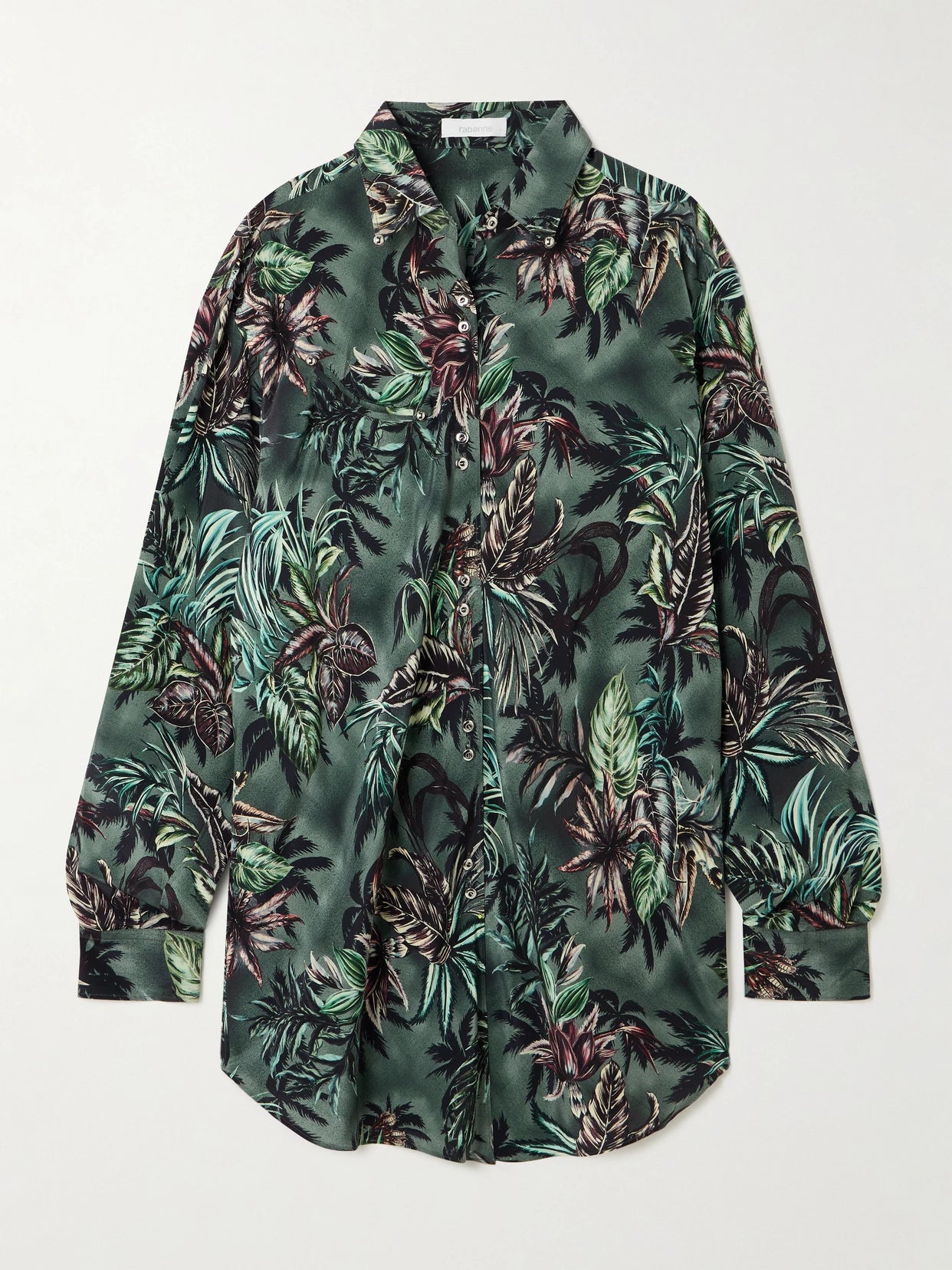 Image of a model wearing Tops. Product name - Printed Silk Shirt in Army green colour by brand - RABANNE