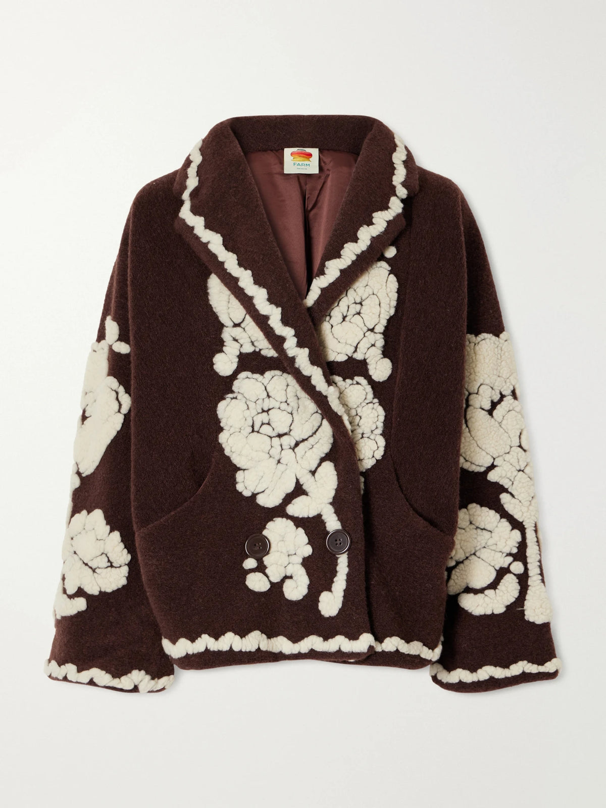 Farm Rio Double-breasted Floral-appliquéd Brushed Fleece Jacket