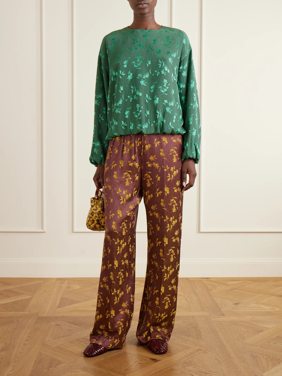 Image of a model wearing Pants. Product name - Floral-jacquard Satin Wide-leg Pants in Purple, Light green colour by brand - Dries Van Noten
