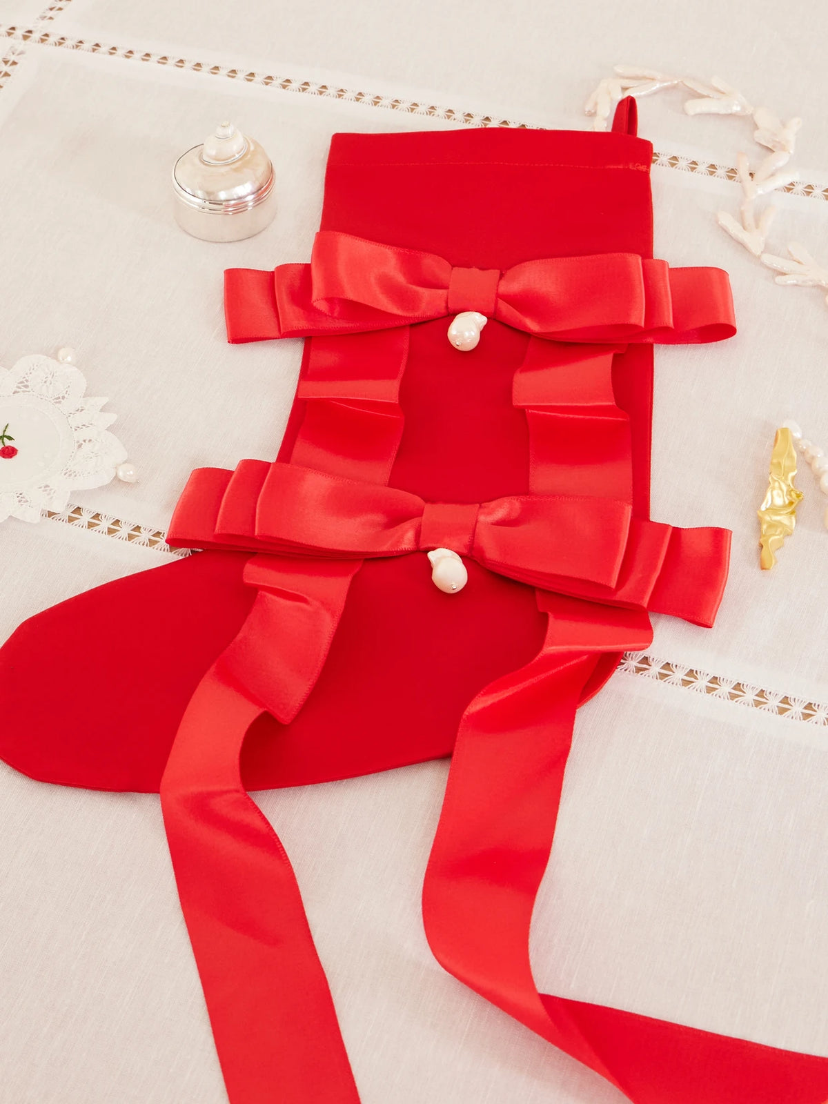 Image of Decor. Product name - Embellished Satin Holiday Stocking in Red colour by brand - Gohar World