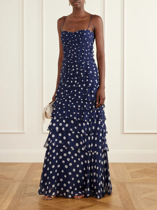 Image of Dresses. Product name - Niki Polka-dot Chiffon Gown in Navy colour by brand - Saloni