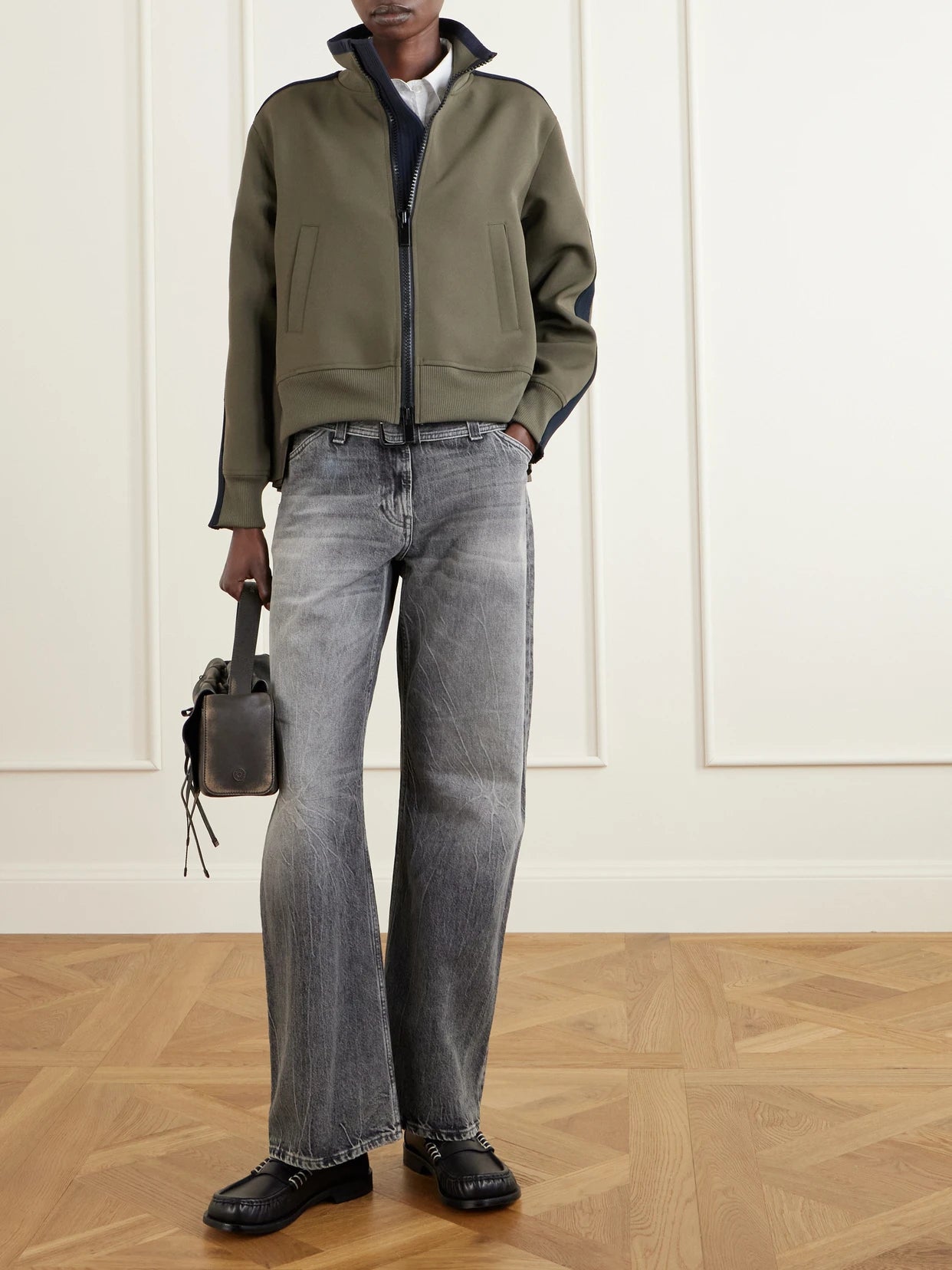 Image of Coats & Jackets. Product name - Pleated Tech-jersey Blouson Jacket in Green colour by brand - Sacai