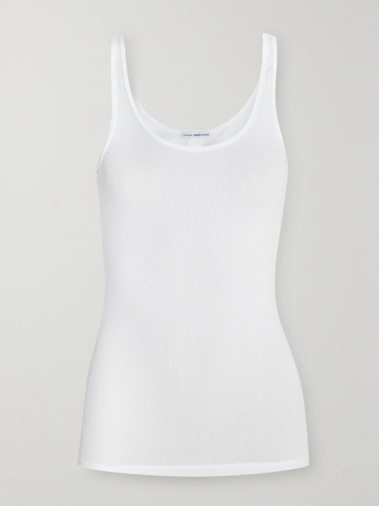 Image of a model wearing Tops. Product name - The Daily Ribbed Stretch-cotton Tank in White colour by brand - James Perse