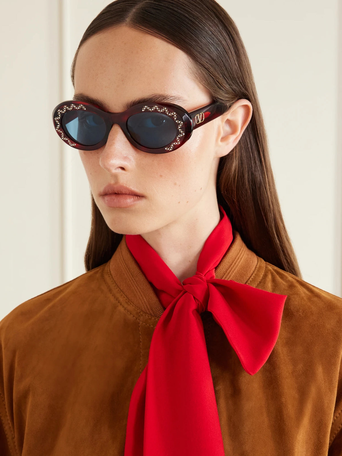 Image of Sunglasses. Product name - Crystal-embellished Round-frame Recycled Acetate Sunglasses in Red colour by brand - Valentino Eyewear