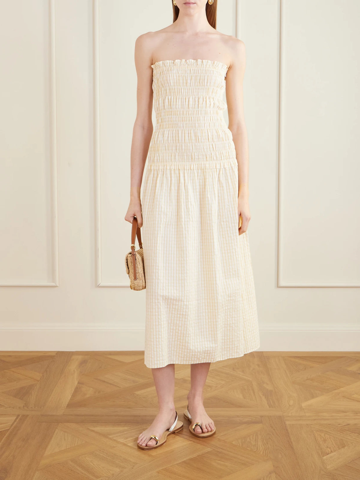 Image of Dresses. Product name - Amalita Shirred Gingham Cotton Midi Dress in Yellow colour by brand - Faithfull