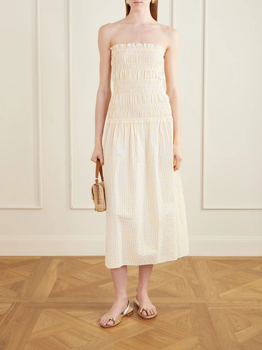 Image of Dresses. Product name - Amalita Shirred Gingham Cotton Midi Dress in Yellow colour by brand - Faithfull
