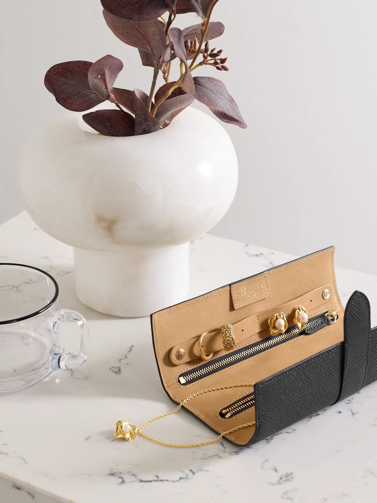 Image of Decor. Product name - Panama Small Textured-leather Jewelry Roll in Black colour by brand - Smythson