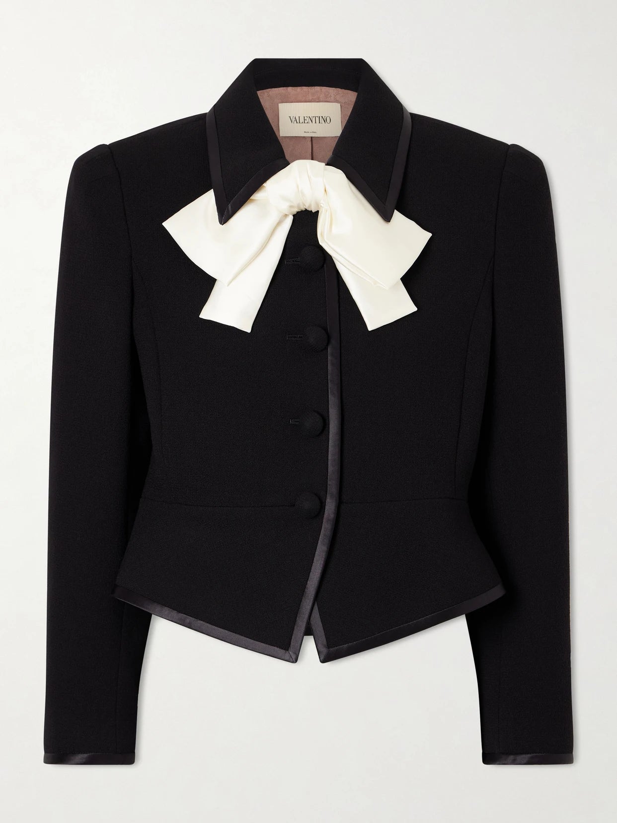 Image of Coats & Jackets. Product name - Bow-embellished Wool Jacket in Black colour by brand - Valentino Garavani