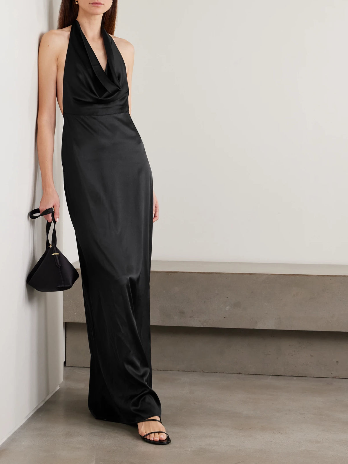Image of Dresses. Product name - Carla Draped Silk-blend Satin Halterneck Maxi Dress in Black colour by brand - ÉTERNE