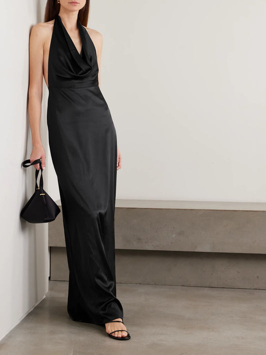 Image of Dresses. Product name - Carla Draped Silk-blend Satin Halterneck Maxi Dress in Black colour by brand - ÉTERNE