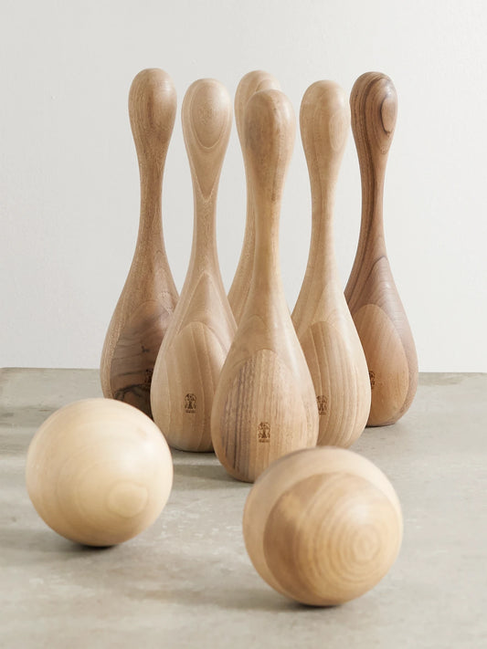 Image of Decor. Product name - Leather-trimmed Wood Skittles Set in Brown colour by brand - Brunello Cucinelli
