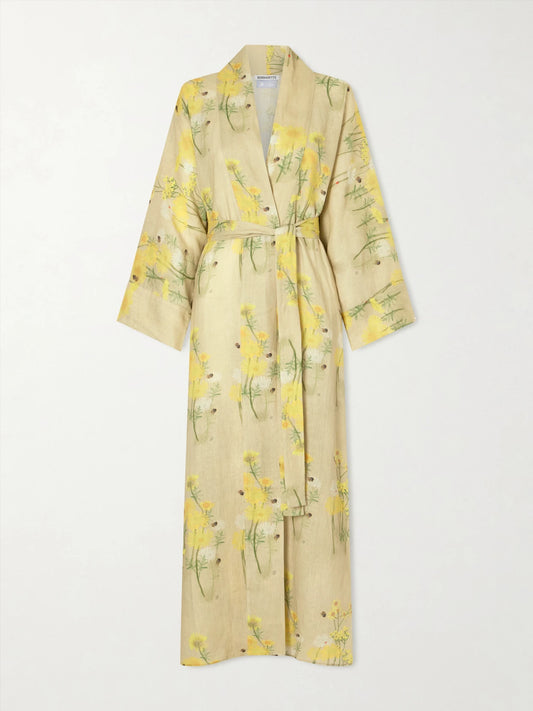 Image of Dresses. Product name - Peignoir Belted Floral-print Linen Maxi Dress in Yellow colour by brand - BERNADETTE