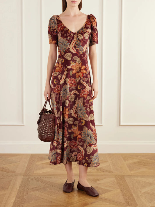 Image of Dresses. Product name - Delhi Paneled Open-back Printed Velvet Midi Dress in Burgundy colour by brand - Farm Rio