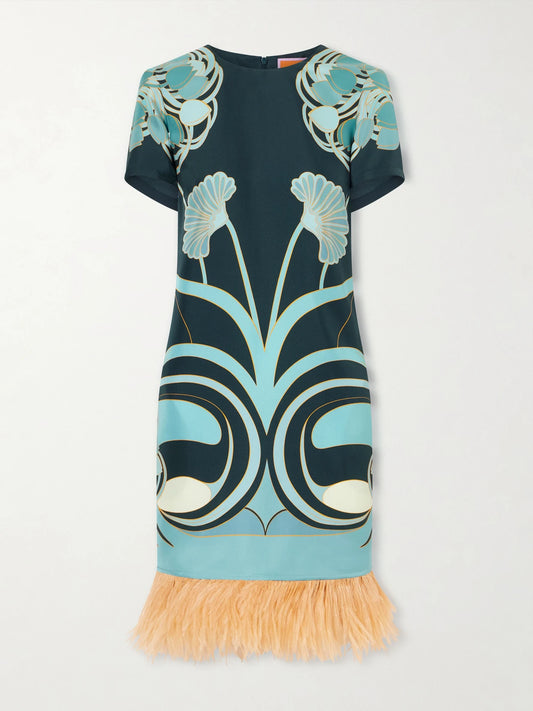 Image of Dresses. Product name - Swing Printed Feather-trimmed Silk-twill Mini Dress in Green colour by brand - La DoubleJ