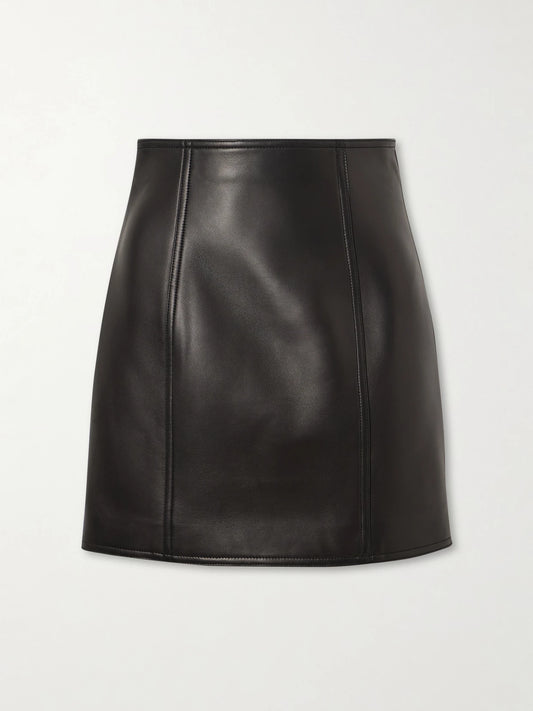 Image of a model wearing Skirts. Product name - Paneled Leather Mini Skirt in Black colour by brand - Balmain