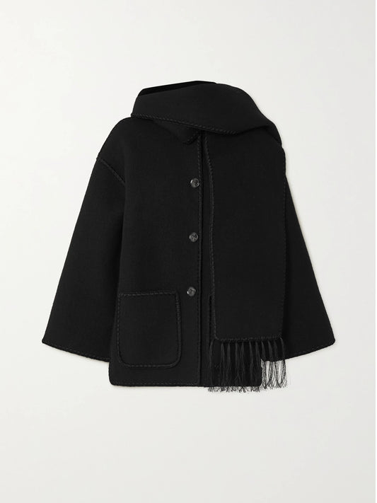 Image of Coats & Jackets. Product name - Draped Fringed Wool-blend Jacket in Black colour by brand - TOTEME