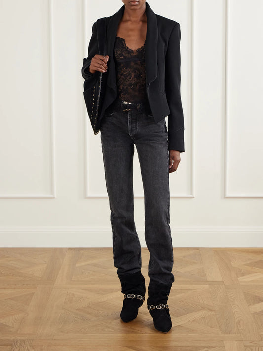 Image of a model wearing Tops. Product name - Adiena Stretch-silk Lace Camisole in Black colour by brand - ISABEL MARANT