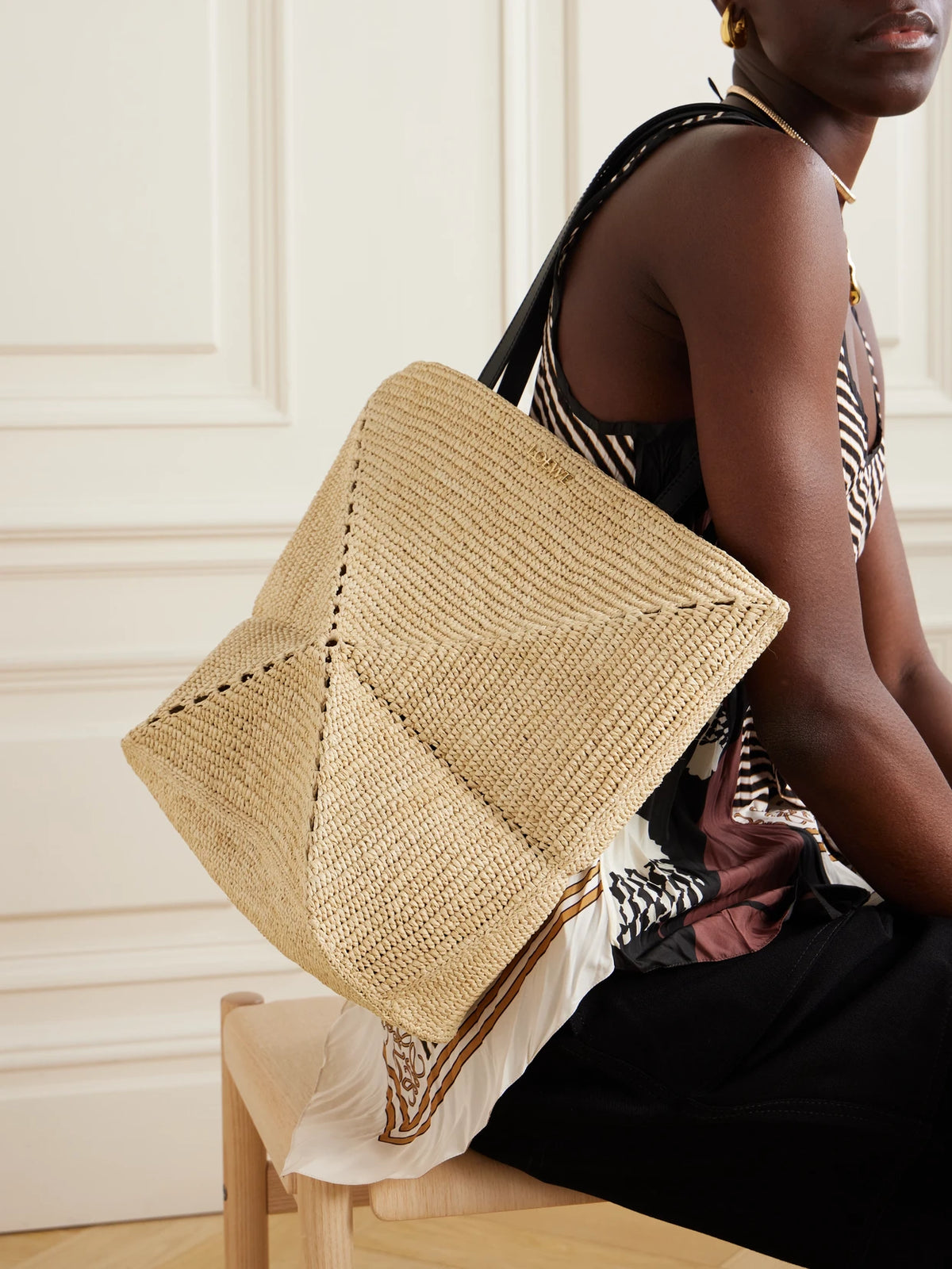 Image of Bags. Product name - + Paula's Ibiza Puzzle Fold Medium Leather-trimmed Raffia Tote in Beige colour by brand - LOEWE