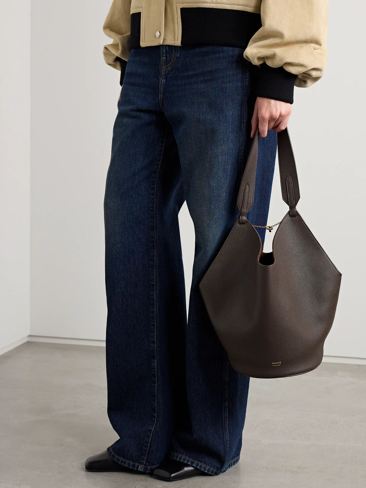 Image of Bags. Product name - Lotus Small Textured-leather Tote in Dark brown colour by brand - KHAITE