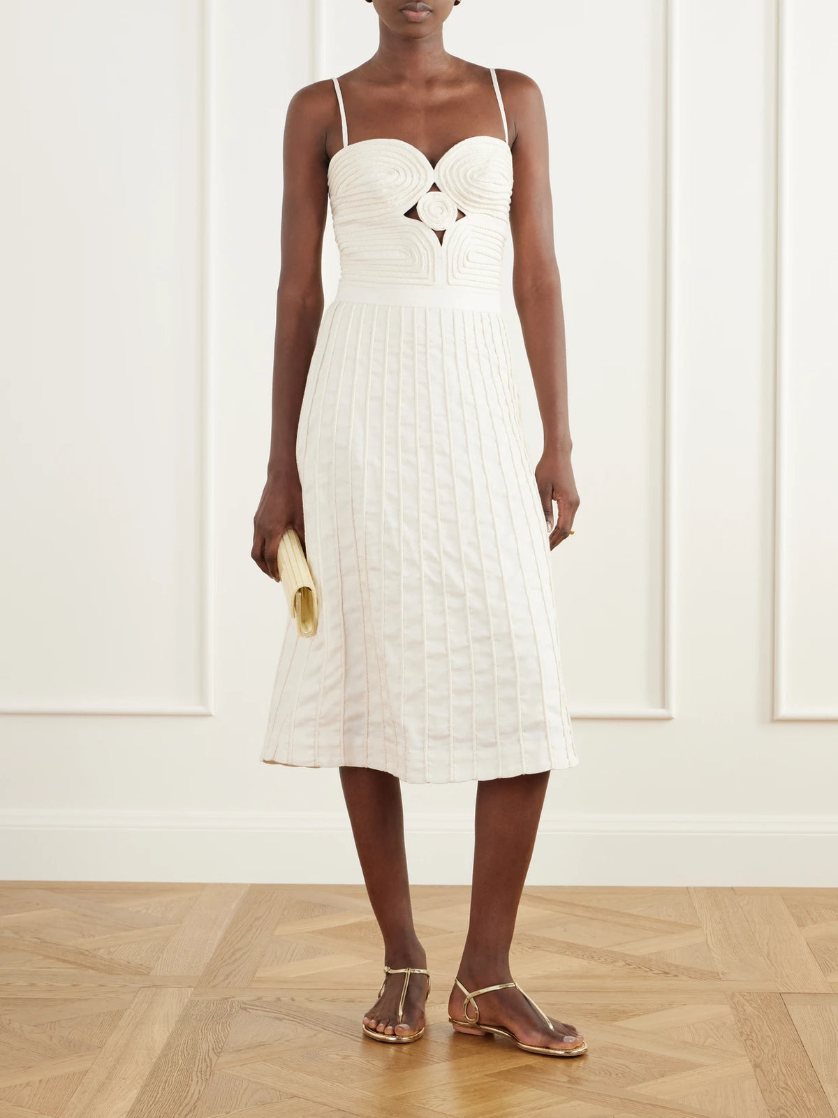 Image of Dresses. Product name - Terra Cut-out Corded Linen-woven Midi Dress in Ivory colour by brand - Andres Otalora