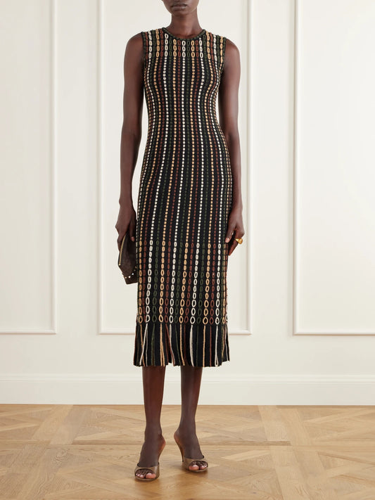 Image of Dresses. Product name - Amina Fringe-trimmed Stripe-inlain Wool-blend Midi Dress in Brown colour by brand - Ulla Johnson
