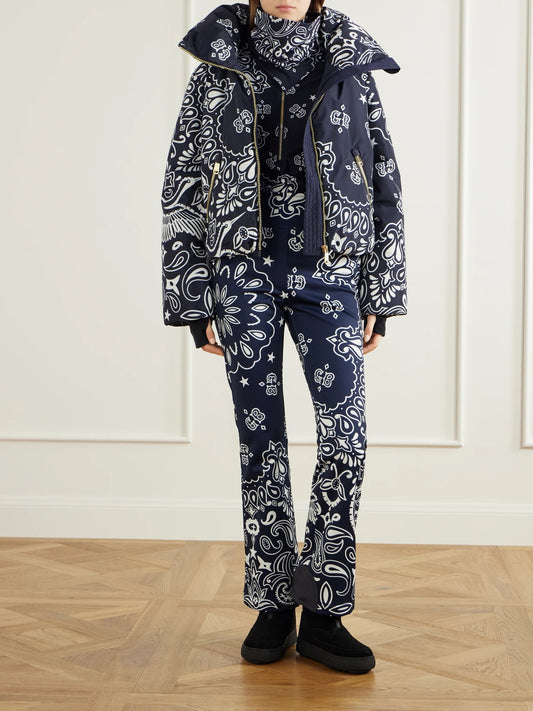 Image of a model wearing Tops. Product name - Toriko Paisley-print Stretch-jersey Ski Top in Blue colour by brand - Goldbergh