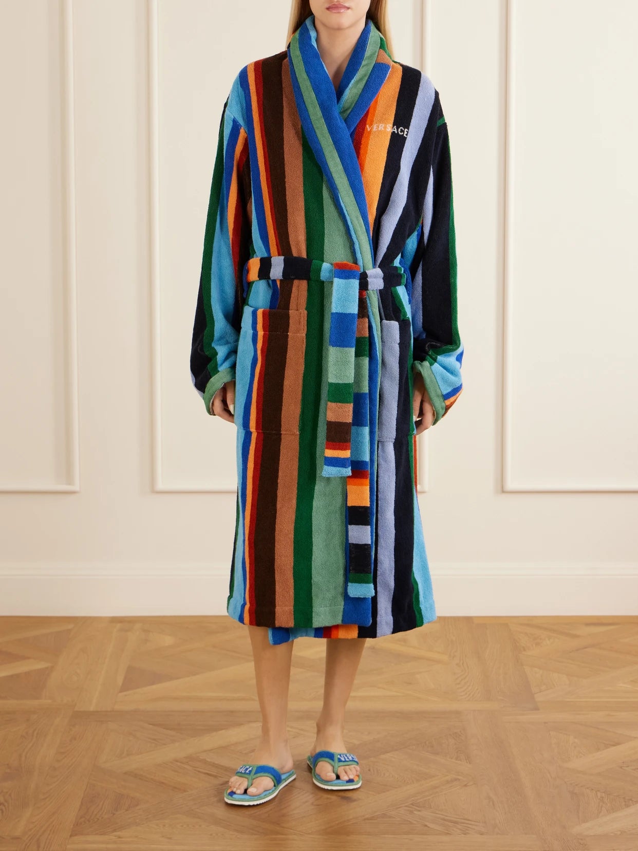 Image of Lingerie. Product name - Medusa Belted Striped Cotton-terry Robe in Multi colour by brand - Versace