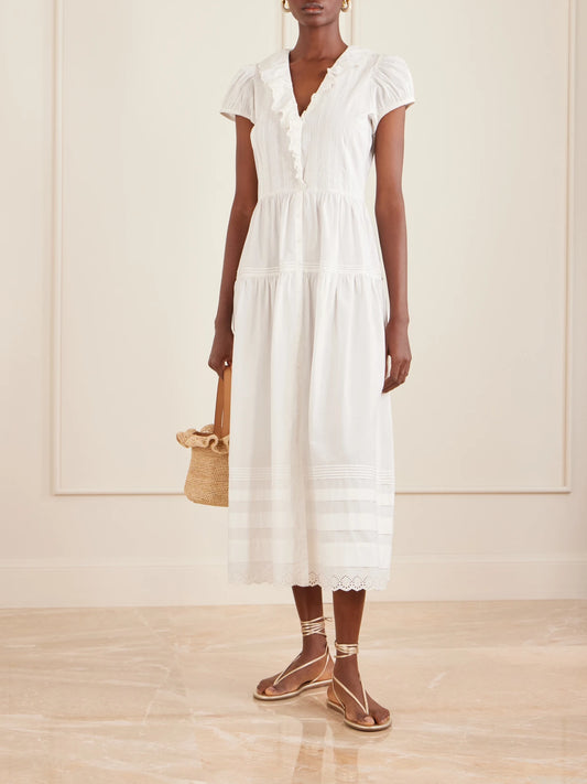 Image of Dresses. Product name - Eliette Ruffled Brodeire Anglaise-trimmed Organic Cotton Midi Dress in White colour by brand - DÔEN