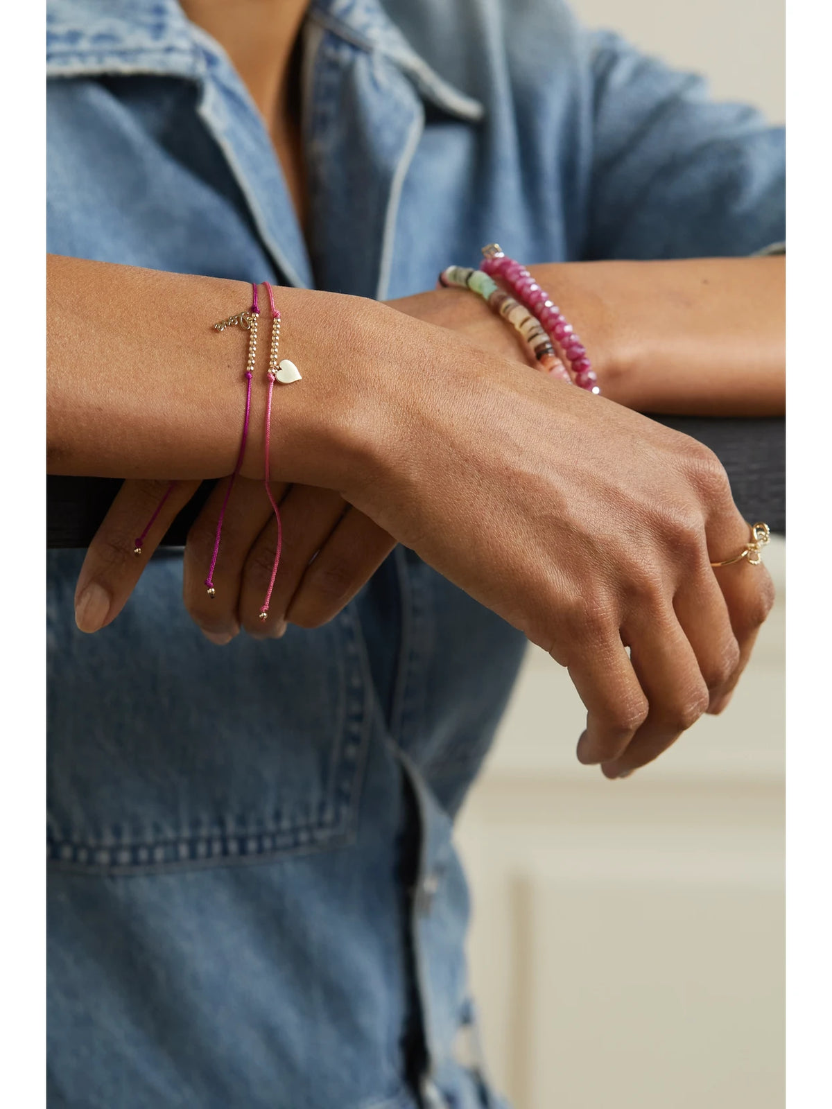 Image of Bracelets. Product name - Pure Heart 14-karat Gold Cord Bracelet in Fuchsia colour by brand - Sydney Evan